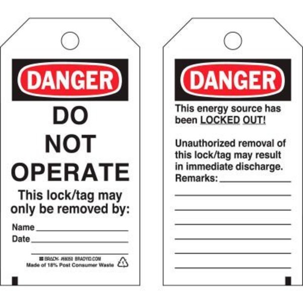 Brady Brady® 66050 Lockout Tag- Danger Do Not Operate, 2 Sided Heavy Duty, Polyester, 25/Pack 66050